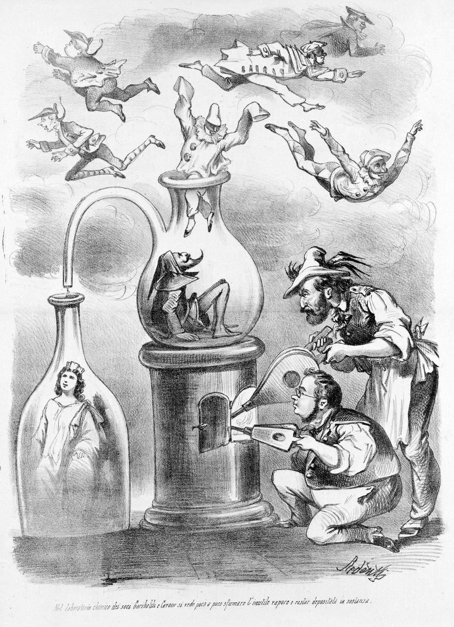 Nel laboratorio alchemico degli associati Garibaldi e Cavour vediamo gradualmente dissiparsi il vapore inutile (rappresentato dalle maschere delle regioni italiane), e rimanere la sostanza (Italia) caricatura del giornale satirico Il Fischietto da Unknown artist