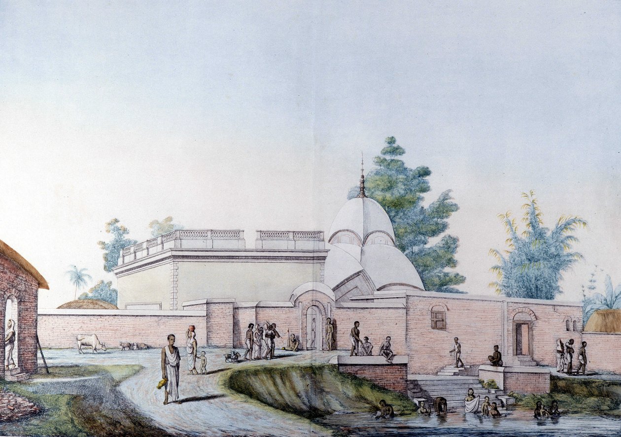 Cultura e civiltà indiana: bagno nel fiume Hooghly a Calcutta (o Kalkata), India. Incisione del 1808. da Unknown artist