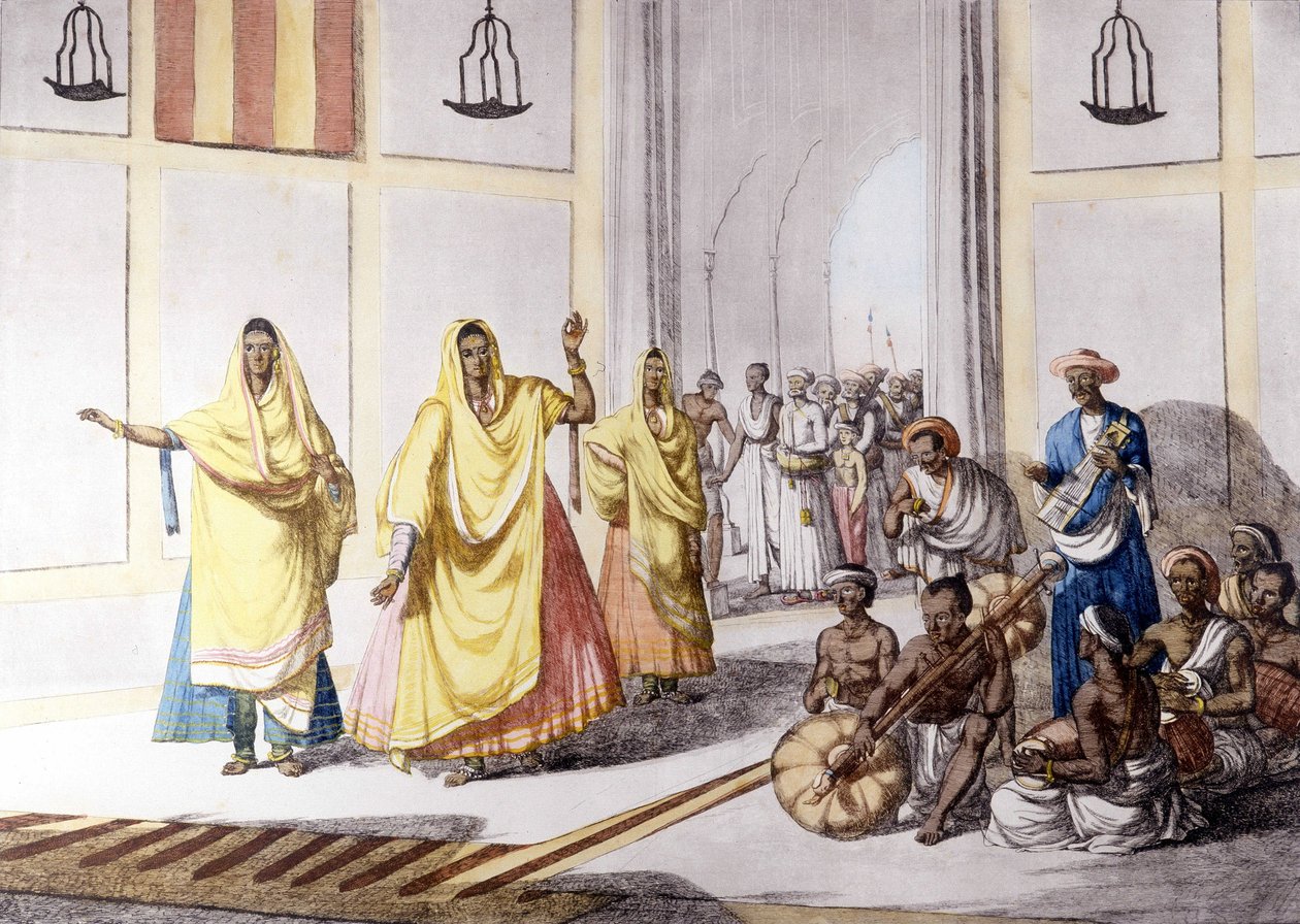 Cultura e civiltà indiana: danzatrice e musica tradizionale, India. da Unknown artist