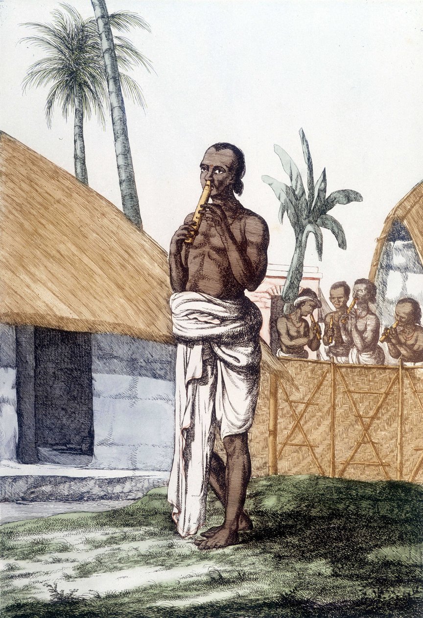 Cultura e civiltà indiana: musicista che suona il flauto bansuri, strumento musicale tradizionale, India. Incisione 1808. da Unknown artist