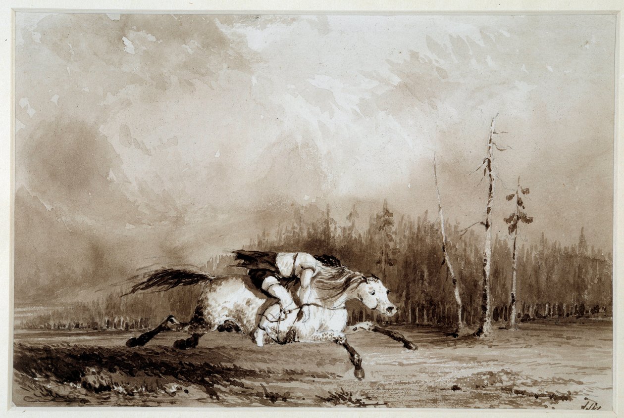 Un cavallo al galoppo che trasporta un uomo legato da Unknown artist