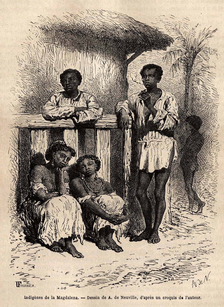 Indigeni del Magdalena (fiumi), nelle strade della città di Mompox (Colombia). Incisione per illustrare il viaggio nella Nuova Granada, del Dr. Saffray, nel 1869, pubblicato in "Le tour du monde" 1872, a cura di Edouard Charton, edizione Hachette da Unknown artist