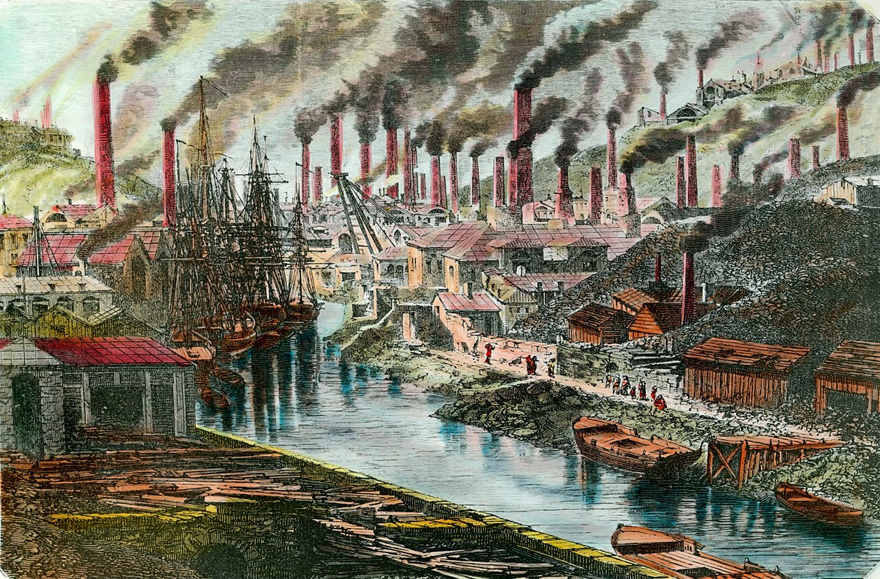 Rivoluzione industriale: panoramica della fabbrica di rame del signor Vivian a Swansea, Galles. Incisione del XIX secolo. Collezione privata. da Unknown artist