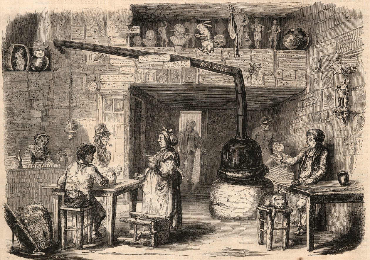 Interno del cabaret le Lapin Blanc, rue aux fèves a Parigi prima della sua demolizione. Una taverna risalente ai primi tempi della monarchia. Incisione in "Le Monde illustre" del 1862. Collezione privata da Unknown artist
