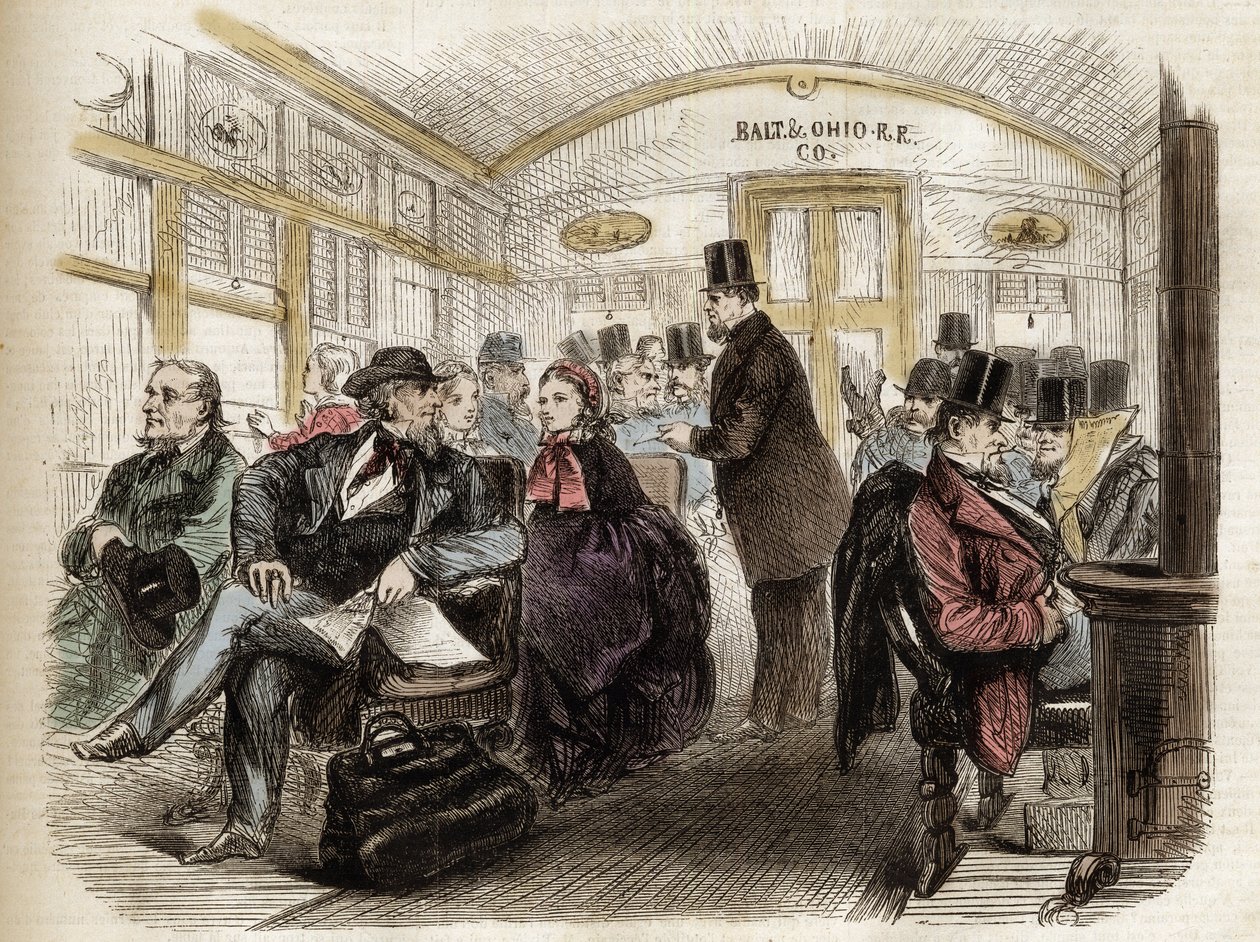 Interno di una carrozza sulla Baltimore & Ohio Railroad, USA - 1861 - interno di un vagone americano nel 1860 da Unknown artist