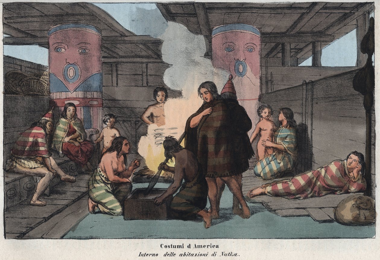 Interno di una grande casa comune a Nootka Sound, con abitanti che fumano e asciugano pesce, dormono e si prendono cura dei bambini - (Isola di Nootka) - "Interno di un