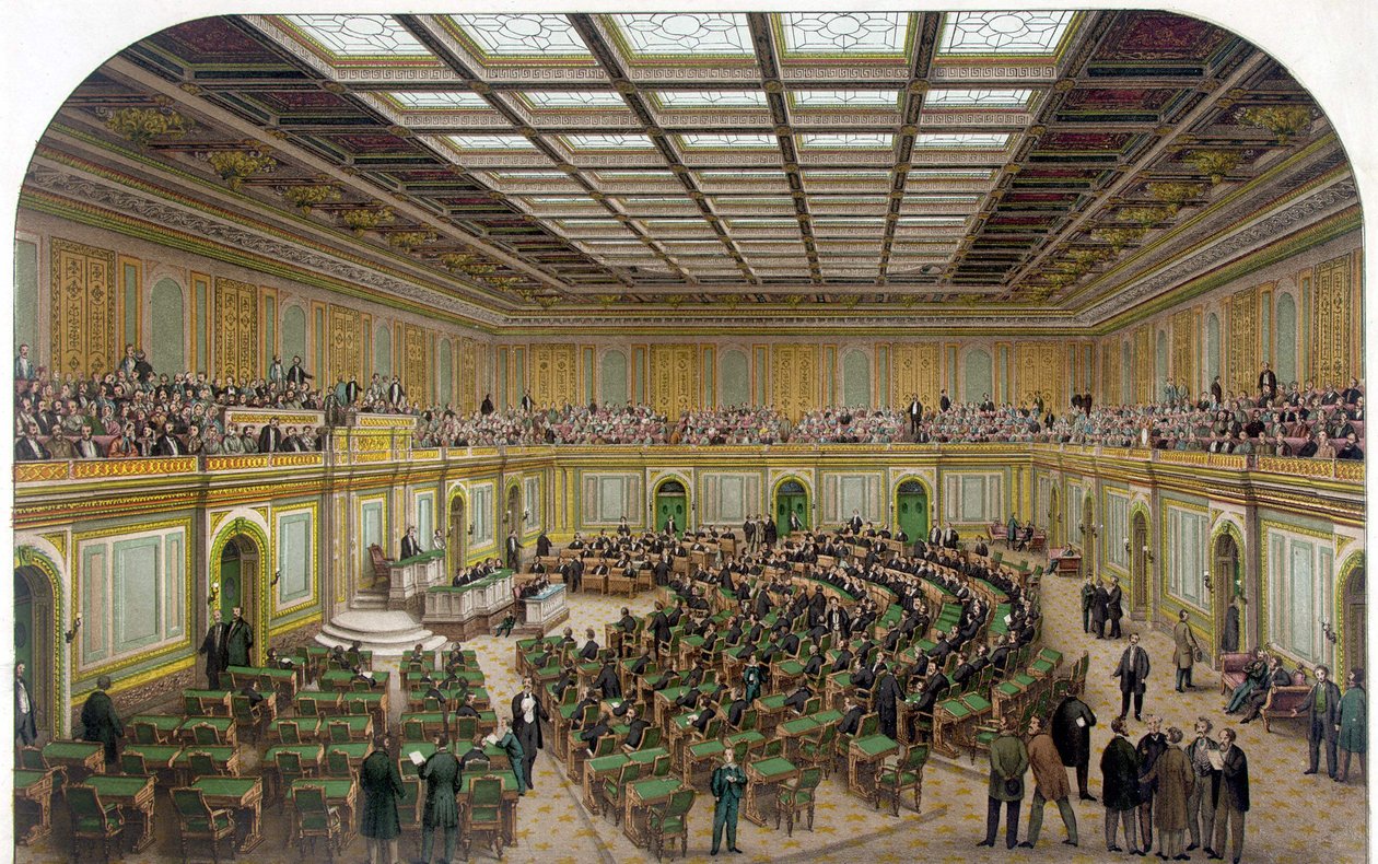Veduta interna della Camera dei Rappresentanti del Campidoglio degli Stati Uniti che mostra il Congresso in sessione e gli spettatori nella galleria - Incisione 1866 da Unknown artist