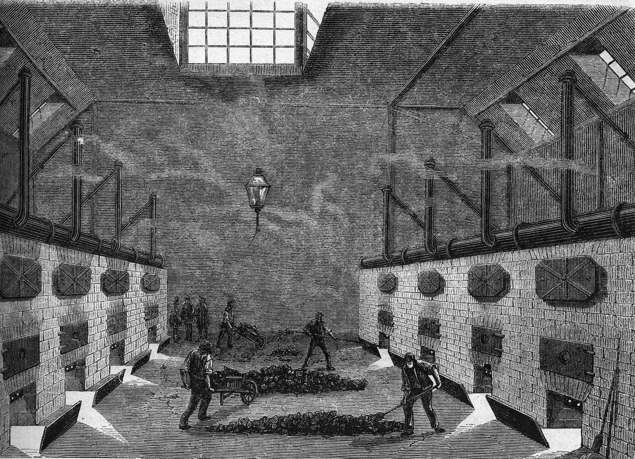 Vista interna di una fabbrica di gas. Incisione del 1860-1861 da Unknown artist