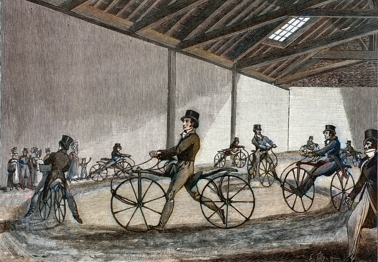 Vista interna del maneggio per cavalli a dondolo. Uomo che guida biciclette (biciclette senza pedali inventate dal barone Karl Drais) da Unknown artist