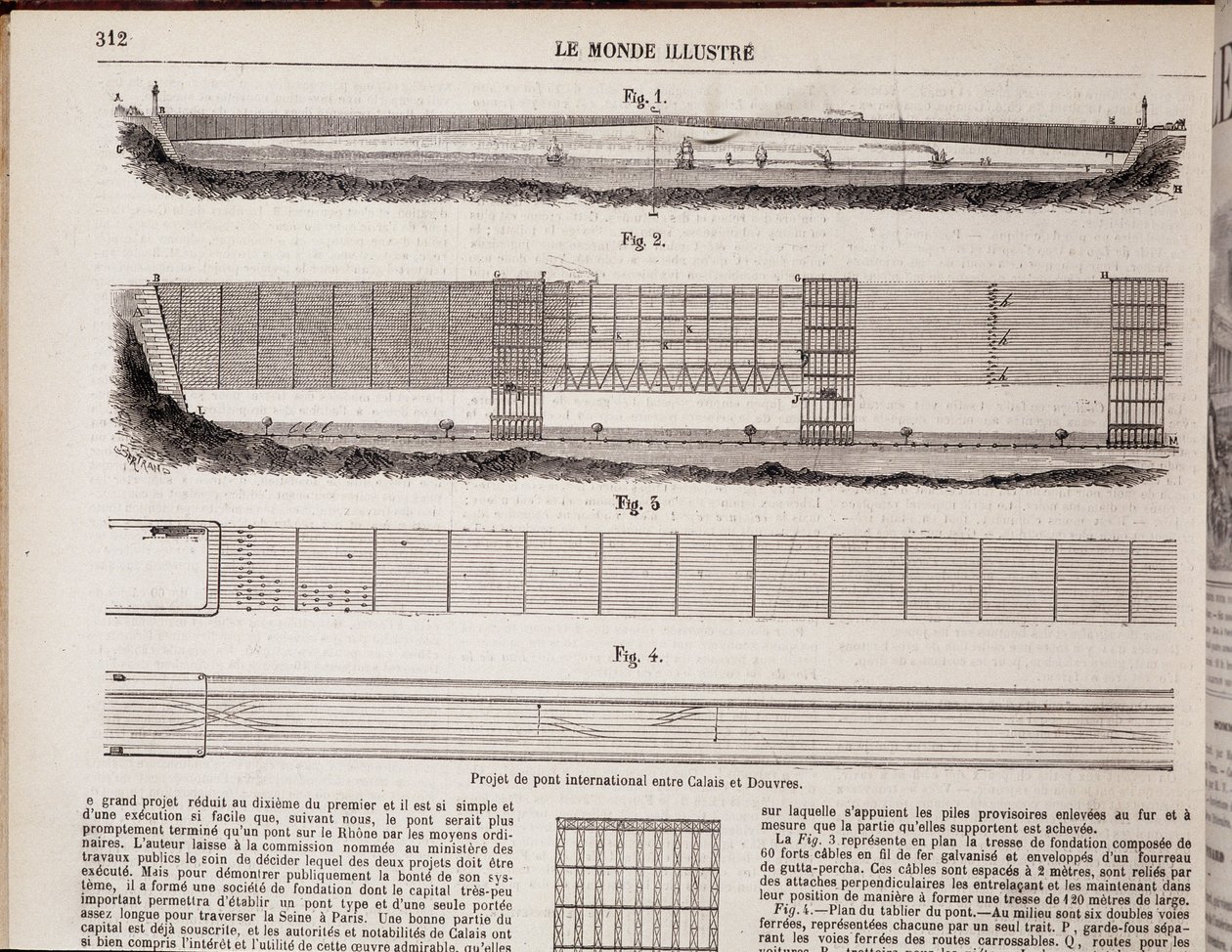 Progetto di ponte internazionale sul Canale tra Calais e Dover - in "The Illustrous World" del 16/11/1867 da Unknown artist