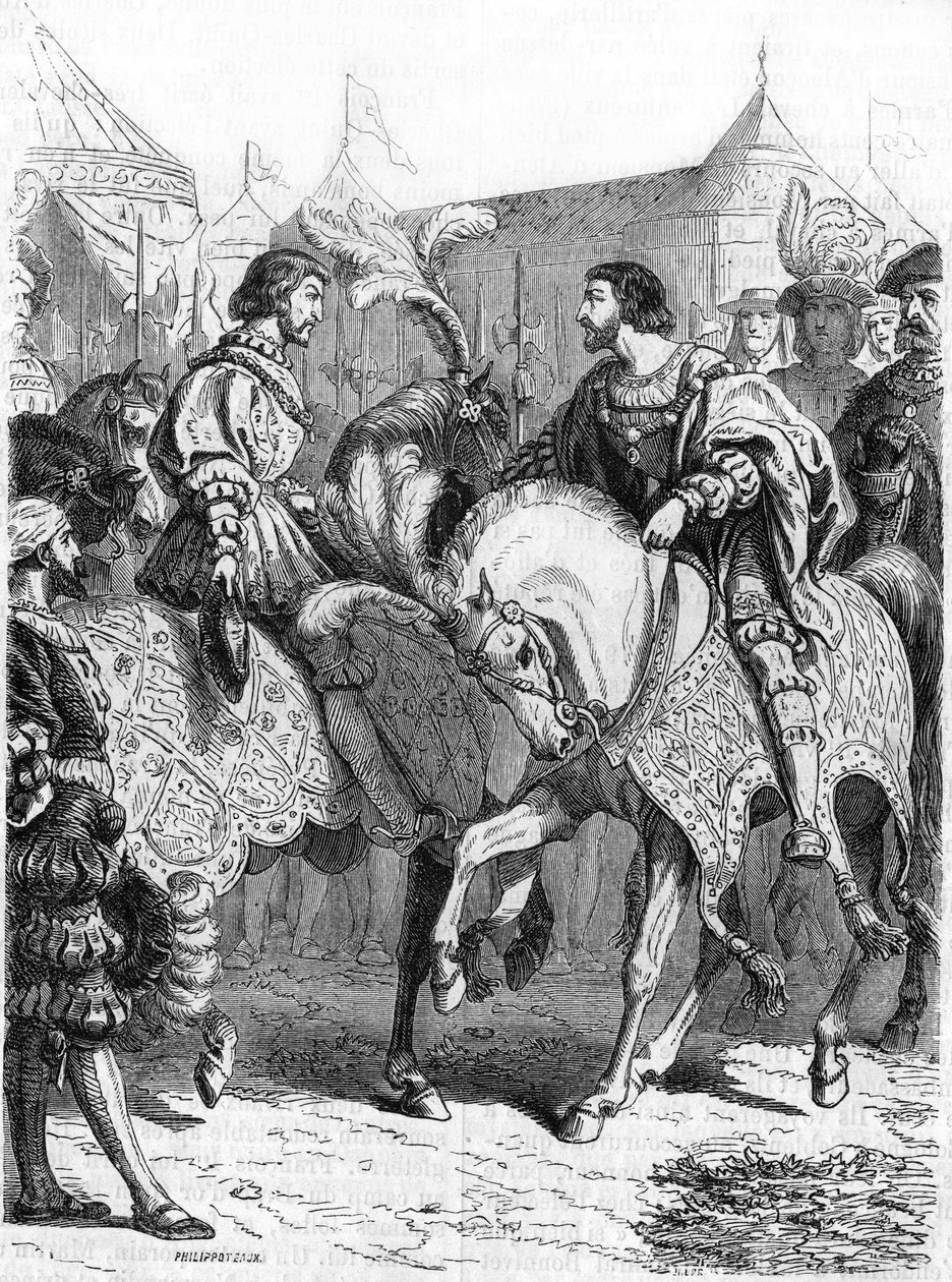 Intervista di Francesco I e Enrico VIII. Incisione del XIX secolo. da Unknown artist