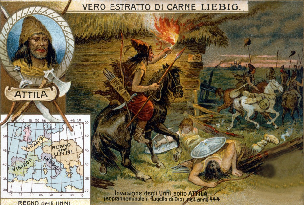 Invasione degli Unni sotto Attila, soprannominato il flagello di Dio, nel 444 - Vignetta pubblicitaria di Liébig da Unknown artist