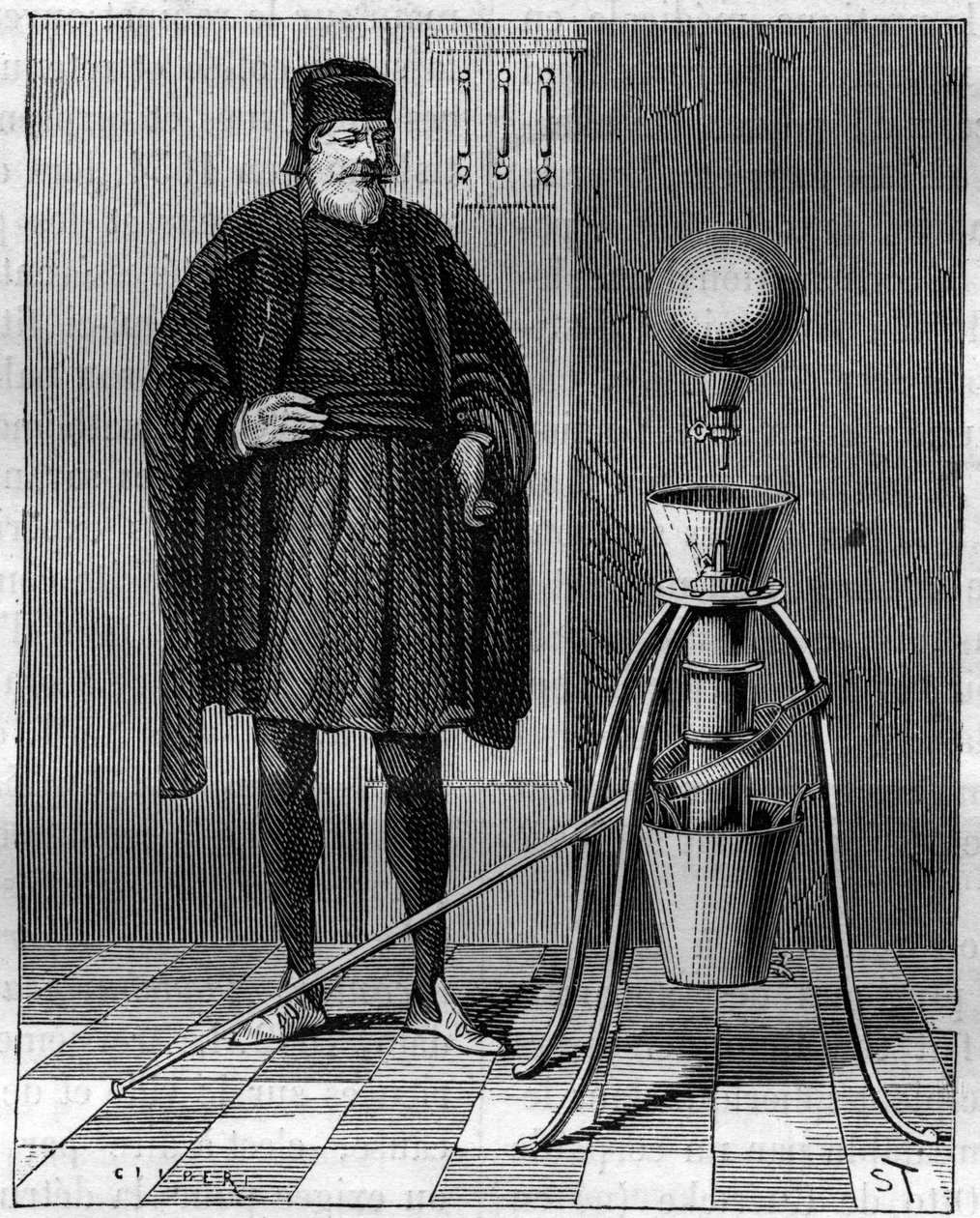 Invenzione: Macchina pneumatica di Otto de Guericke (1602-1686), inventore tedesco. Incisione in "La Nature" da Unknown artist