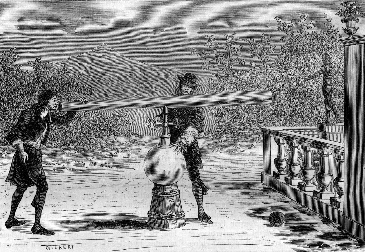 Invenzione: Sarbacana o pistola pneumatica di Otto von Guericke (1602-1686), inventore tedesco. da Unknown artist