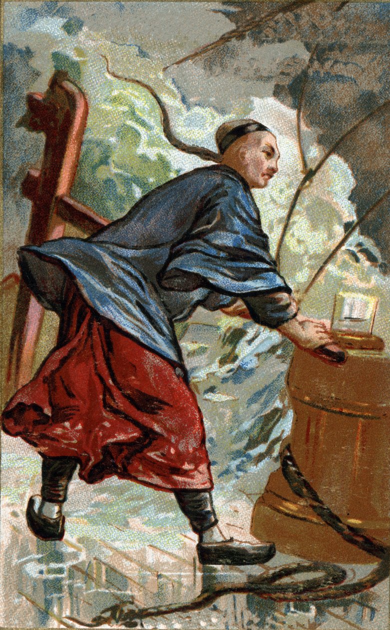 Invenzione della bussola cinese: navigatore cinese che usa la bussola sulla sua barca. Il primo uso della bussola come strumento di navigazione sulle navi cinesi risale alla fine del X secolo. Cromolitografia del XIX secolo da Unknown artist