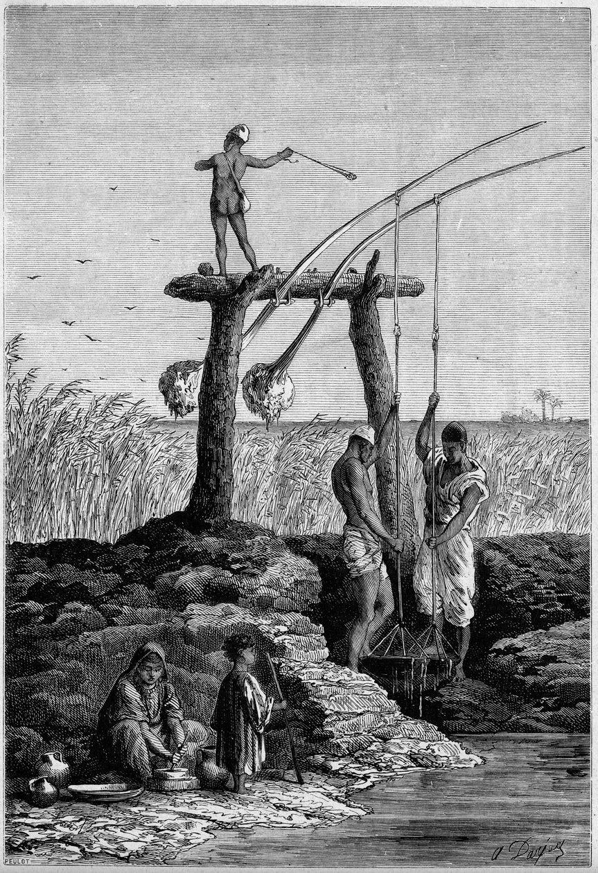 Irrigazione in Egitto: chadoufs (o shadoufs) sulle rive del Nilo. Incisione in "Le Monde Illustré" n.1313 del 27 maggio 1882 da Unknown artist