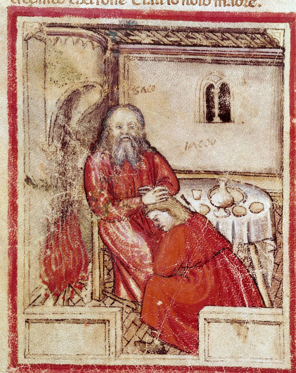 Isacco dopo aver mangiato il capretto portato dal figlio Giacobbe credendo che sia Esaù. Miniatura dal codice 212 (o codice padovano o Bibbia di Padova) 1390-1400 Rovigo, Accademia dei Concordi da Unknown artist