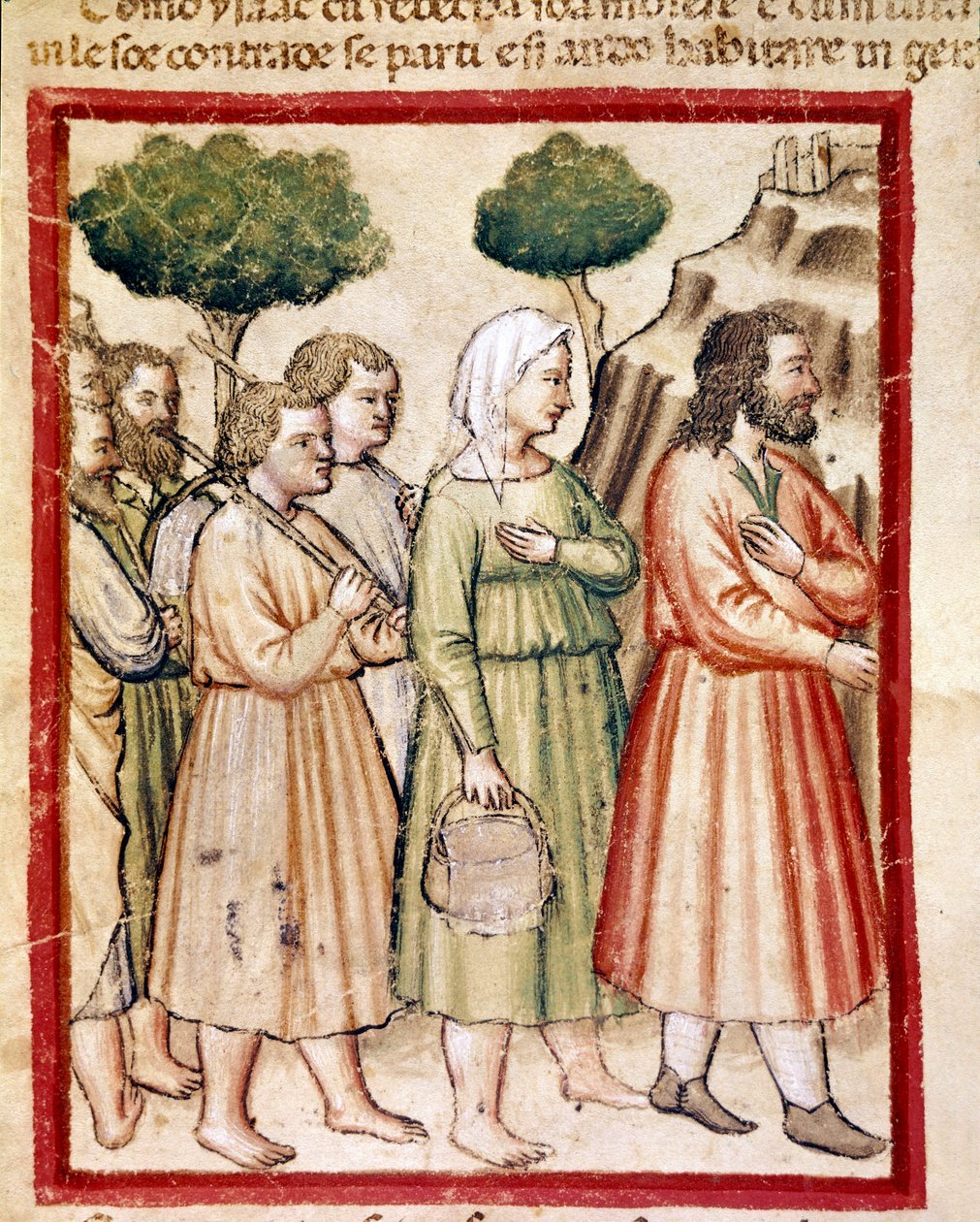 Isacco e la sua famiglia che soffrono per la carestia emigrano nelle terre del re Abimelech. Miniatura dal codice 212 (o codice padovano o Bibbia di Padova) 1390-1400 da Unknown artist