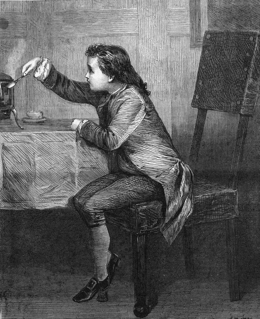 James Watt (1736-1819) bambino scopre le leggi del vapore. Incisione del 1868 secondo il dipinto di Marcus Stone da Unknown artist