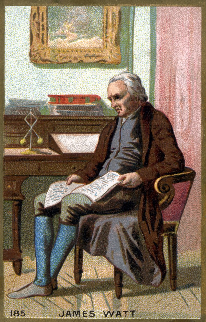 James Watt (1736 -1819) nel suo ufficio. Cromolitografia del XIX secolo da Unknown artist