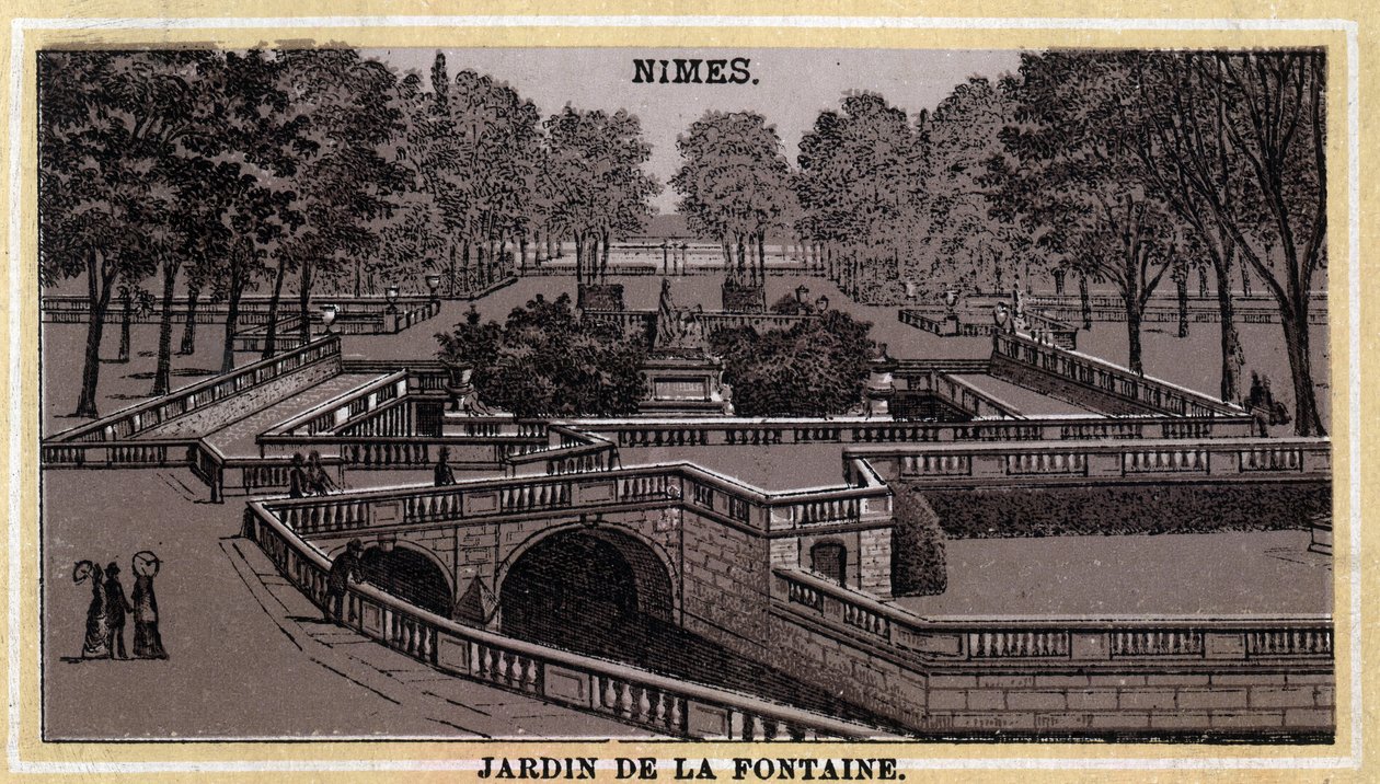 Jardin de la Fontaine a Nîmes (Gard, Linguadoca-Rossiglione). Cromolitografia della fine del XIX secolo da Unknown artist