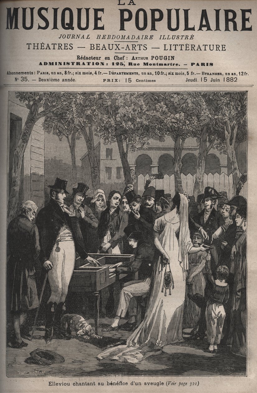 Jean Elleviou, cantante, comico e librettista francese (1769-1842) che canta a beneficio di un cieco nel 1801 agli Champs-Elysées - incisione in "La musica popolare" giornale settimanale illustrato - 1882 da Unknown artist