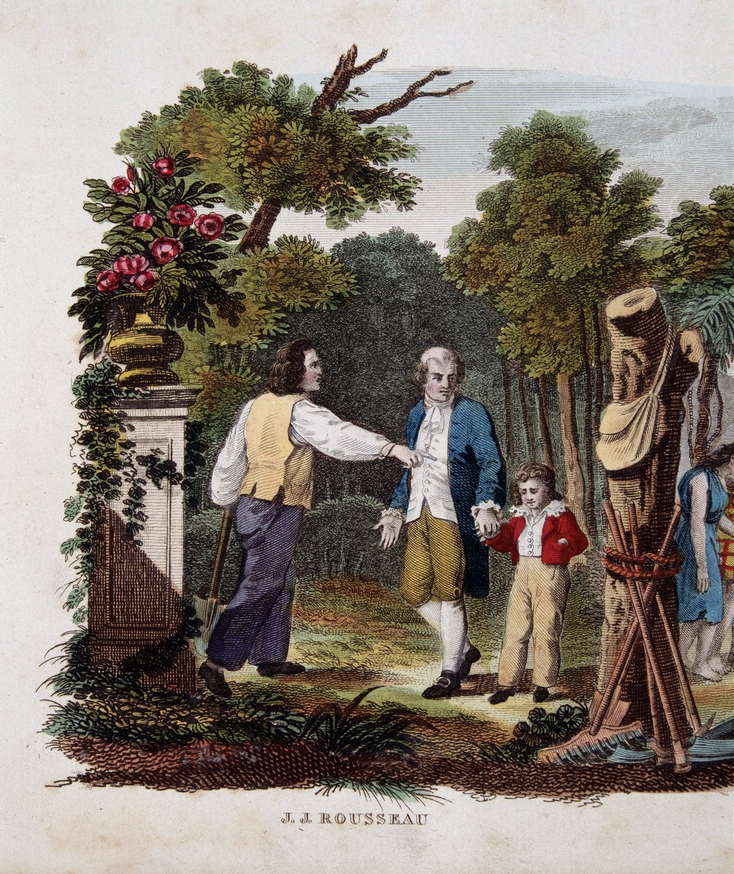Jean Jacques Rousseau con un bambino, interpellato da un contadino da Unknown artist