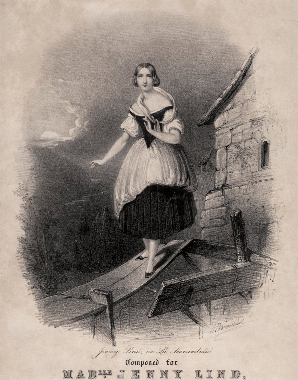 Jenny Lind, soprano svedese, nella scena del sonnambulismo de La sonnambula di Bellini da Unknown