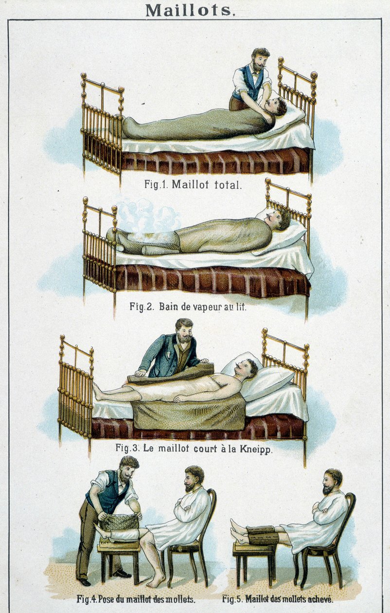 Maglie: 1) Maglia totale, 2) Bagno di vapore a letto, 3) Maglia corta Kneipp, 4-5) Maglia per polpacci - in "Bilz, Medicina Naturale", fine XIX secolo da Unknown artist