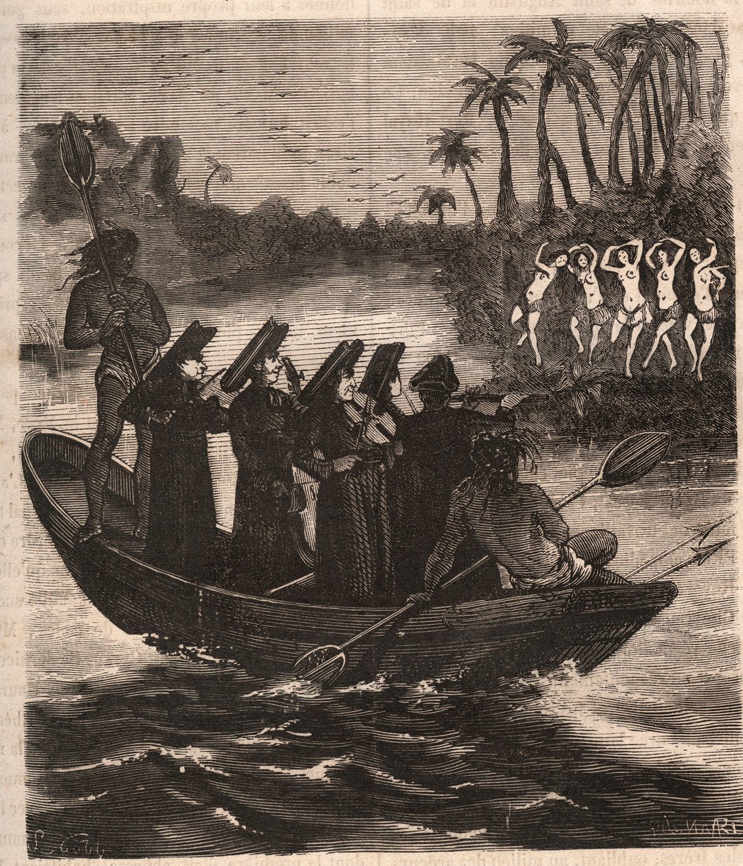 Missionari gesuiti arrivano in barca tra gli indiani Guarani in Paraguay nel 1553 - Incisione del 1879 in 