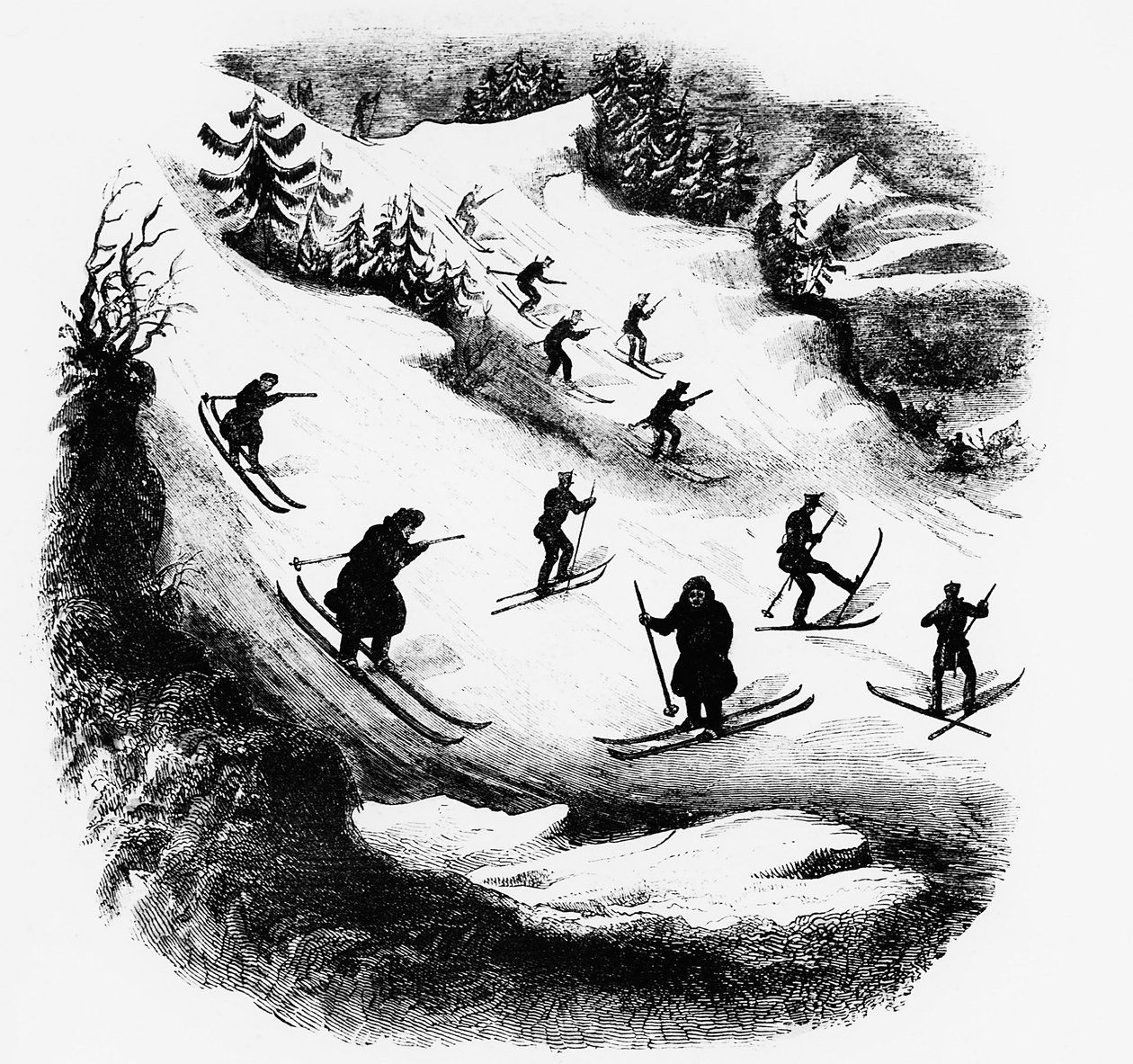 Giochi del Nord: sciatori che scendono una pista - incisione, fine XIX secolo da Unknown artist