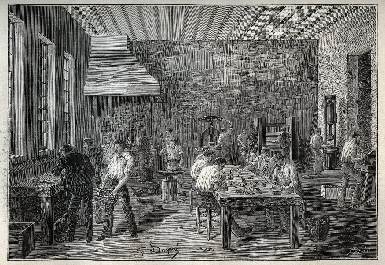 Gioielleria: fabbrica di gioielli in acciaio. Incisione del 1885 in "Les arts et metiers illustres" di Adolphe Bitard da Unknown artist