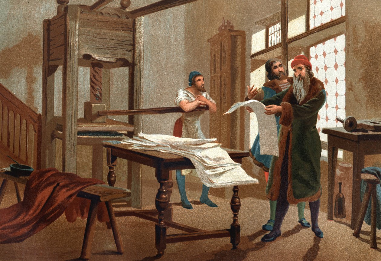 Johannes Gutenberg (1400-1468), tipografo tedesco, stampa il primo foglio della Bibbia. da 