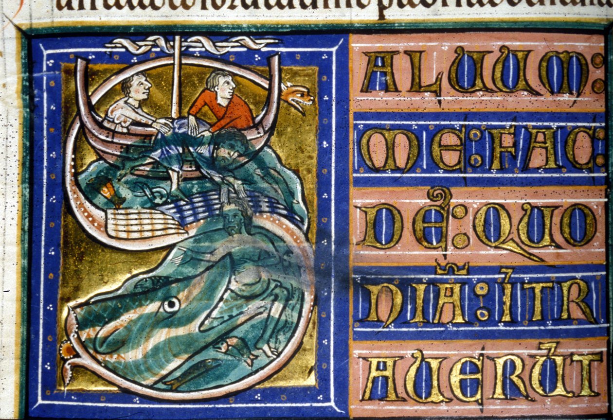 Giona viene gettato in mare e divorato da un enorme pesce. Manoscritto del XIV secolo. Biblioteca Comunale di Vercelli. da Unknown artist