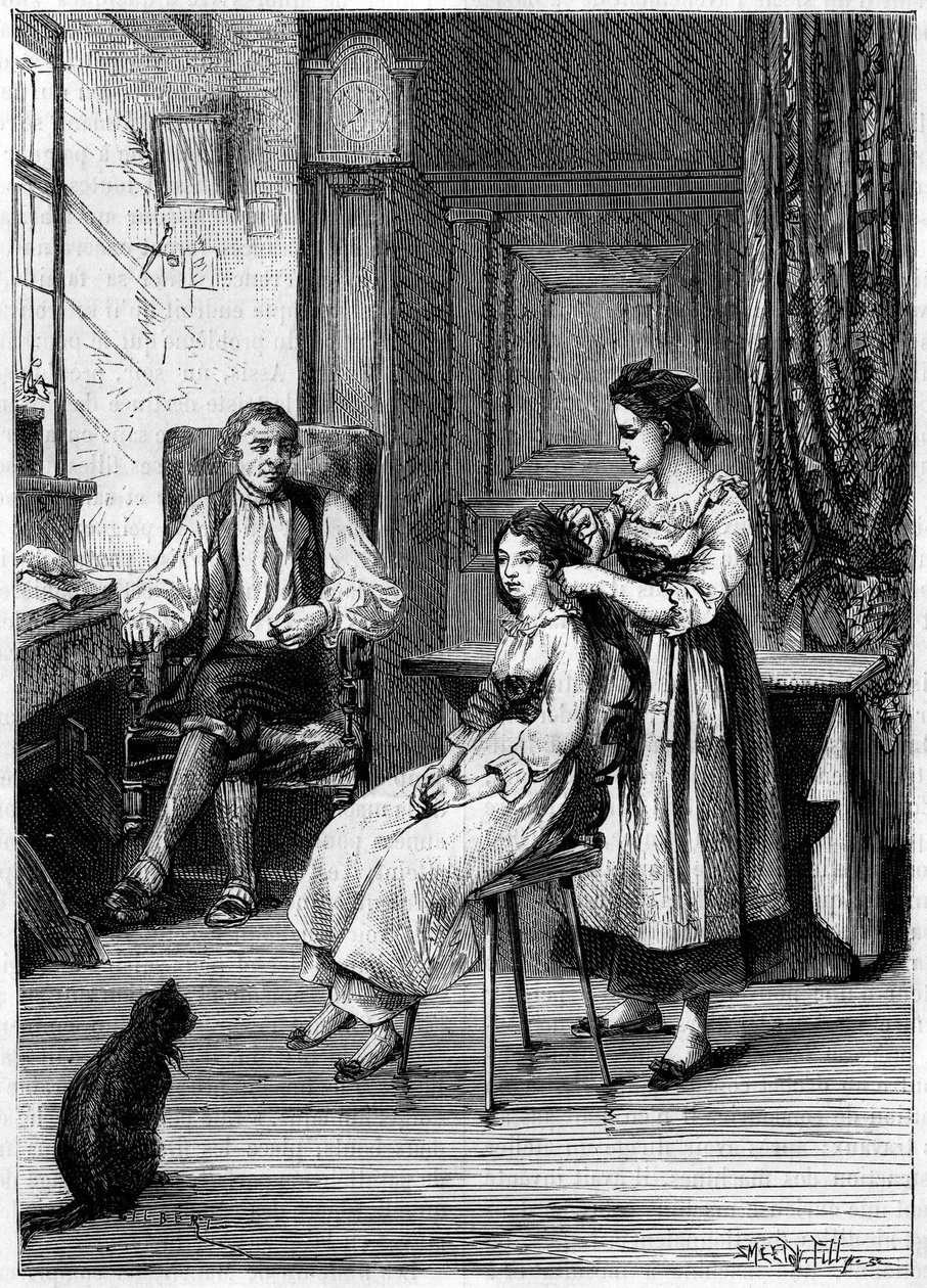 Josue Heilmann, inventore francese, osserva le sue figlie pettinarsi. Si ispirò a questa scena per creare il pettine meccanico nel 1843. Incisione in 