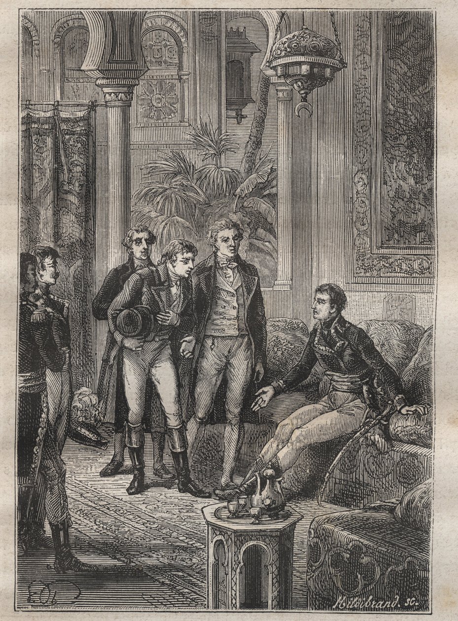 Viaggio (1798) di Frederic Conrad (Konrad) Hornemann (1772-1801) a Fezzan (Libia): Hornemann è accolto da Bonaparte al Cairo (Egitto) - illustrazione da "I grandi marinai del XVIII secolo" da Unknown artist
