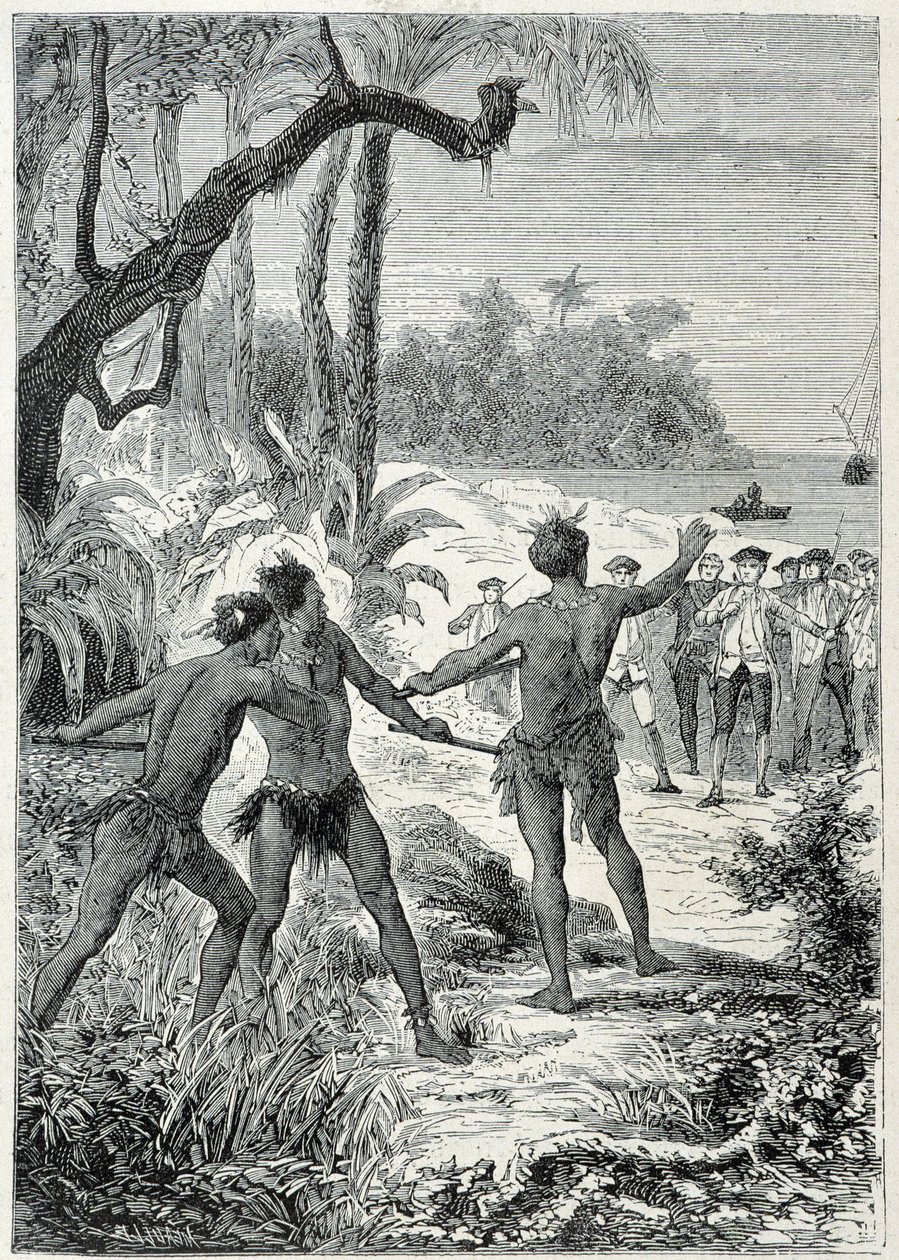 Viaggio del Capitano James Cook (1728-1779) in Nuova Guinea: il primo incontro con i nativi, illustrazione tratta da 