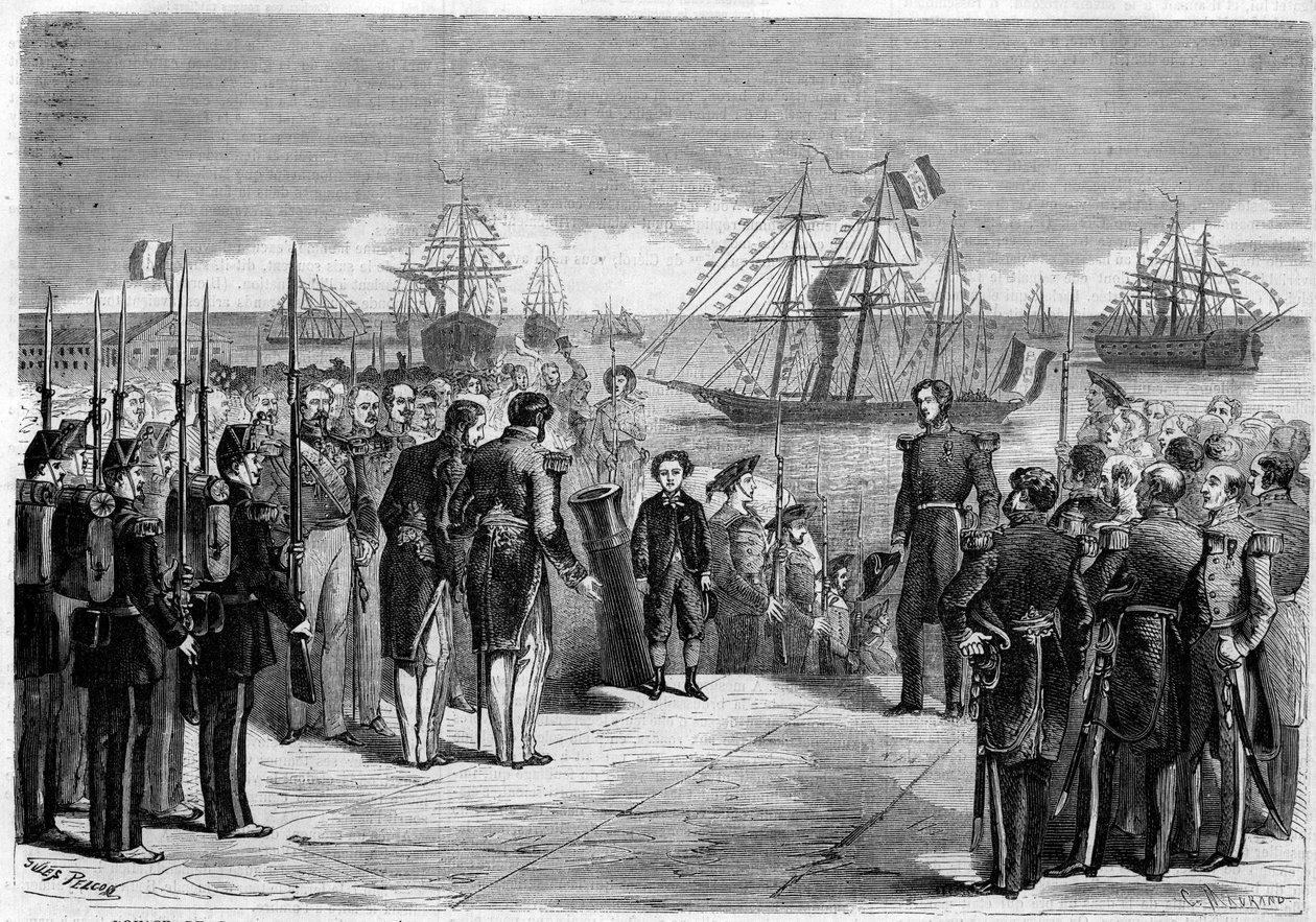 Viaggio di Sua Maestà il Principe Imperiale Napoleone Eugenio Luigi Giovanni Giuseppe Bonaparte (1856-1879), figlio di Napoleone III, a Cherbourg, Francia: il principe a bordo dello yacht 