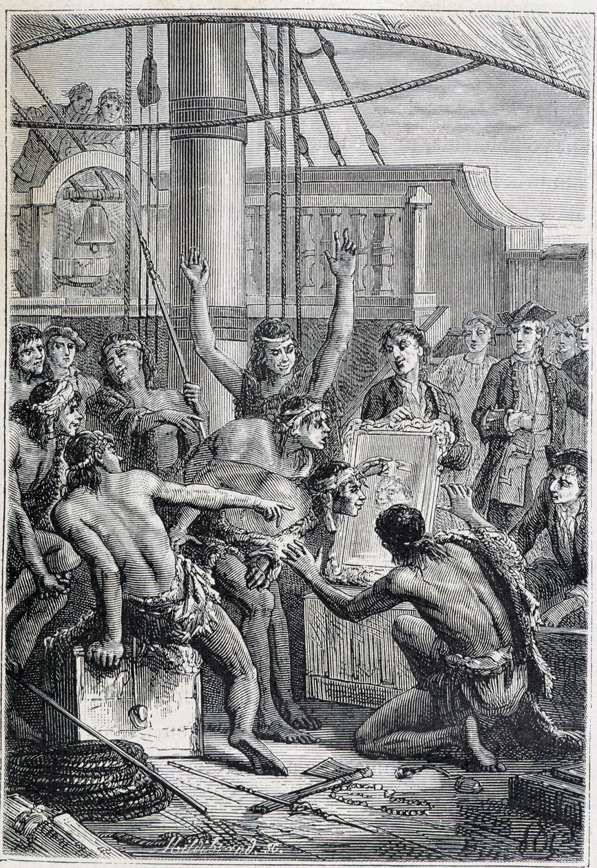 Viaggio di Samuel Wallis (1728-1795) in Polinesia: indigeni stupiti da uno specchio - illustrazione tratta da “I grandi marinai del XVIII secolo” da Unknown artist