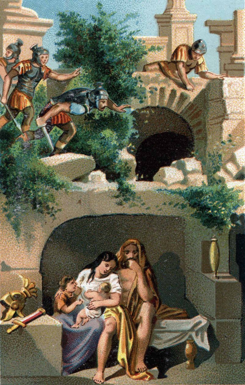 Julius Sabinus (Galli del popolo dei Lingoni) e sua moglie Eponine rimangono nascosti per nove anni con i loro figli in un sotterraneo e poi scoperti, vengono portati a Roma insieme ai loro due figli gemelli. Cromolitografia tarda del XIX secolo da Unknown artist