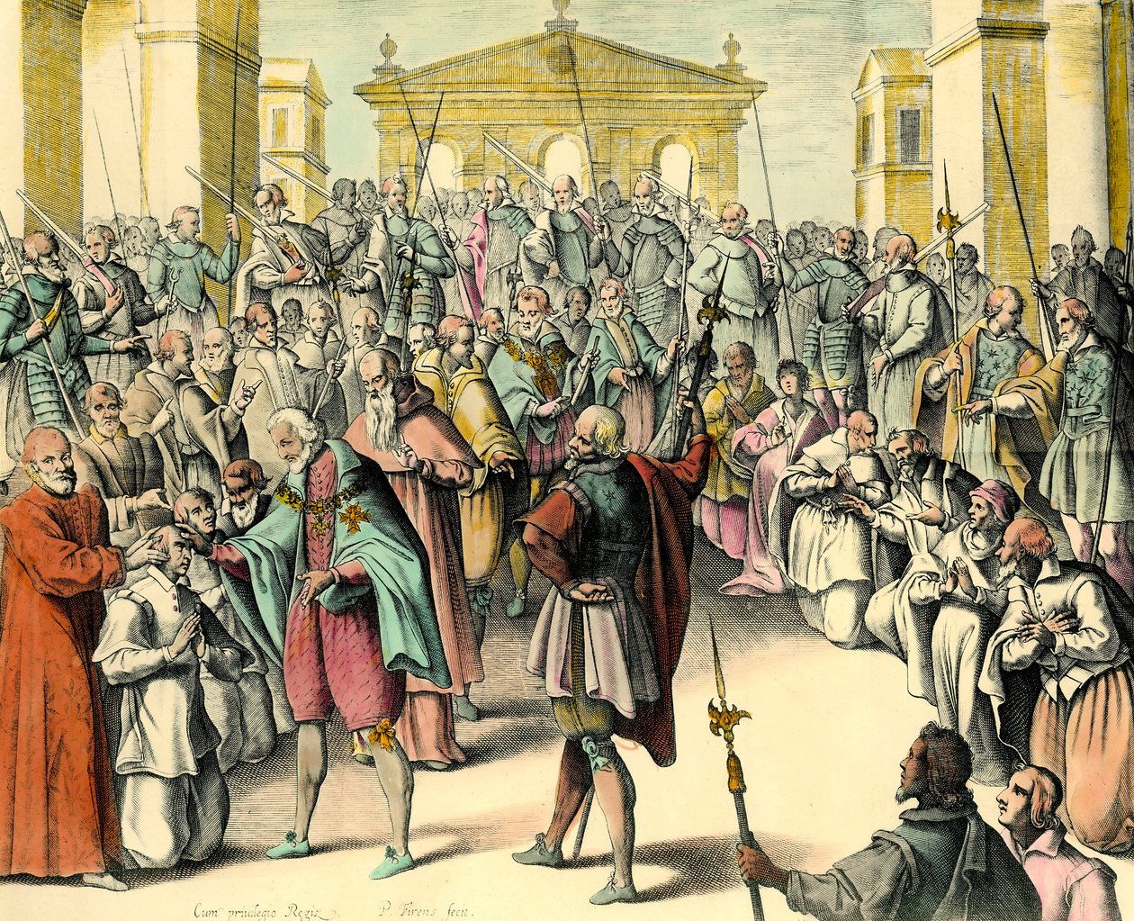 Re Enrico IV (1553-1610) tocca la fronte di una persona malata. Il re è taumaturgo, ha il potere di guarire le scrofole pronunciando questa formula. Incisione da un disegno di André du Laurens (1558-1609), medico del Re Enrico IV da Unknown artist