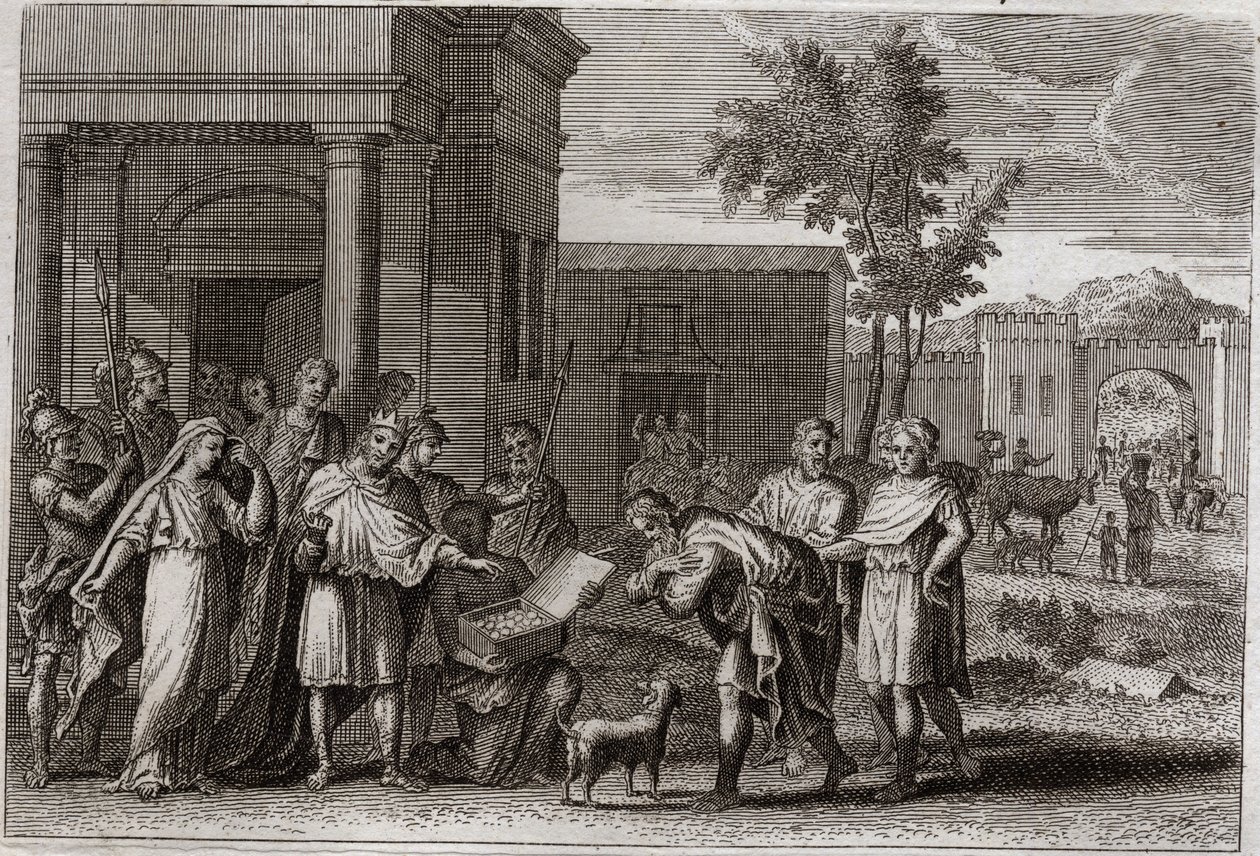 Bibbia del Regno, Antico Testamento: Abimelech punito da Dio. Abimelech (Abimelec o Ahimelech o Ahimelek), re di Gerar, avendo preso con la forza Sara (Sarah), moglie di Abramo, ma che credeva fosse solo sua sorella, è ingannato da Dio e la restituisce da Unknown artist