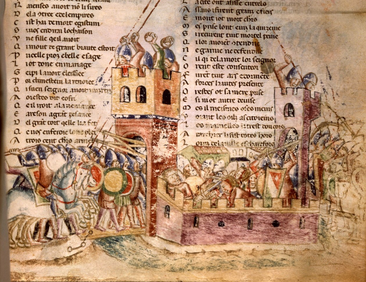 Cavalieri assaltano un castello. Manoscritto del XII secolo. Bibl. Marciana Venezia. da Unknown artist