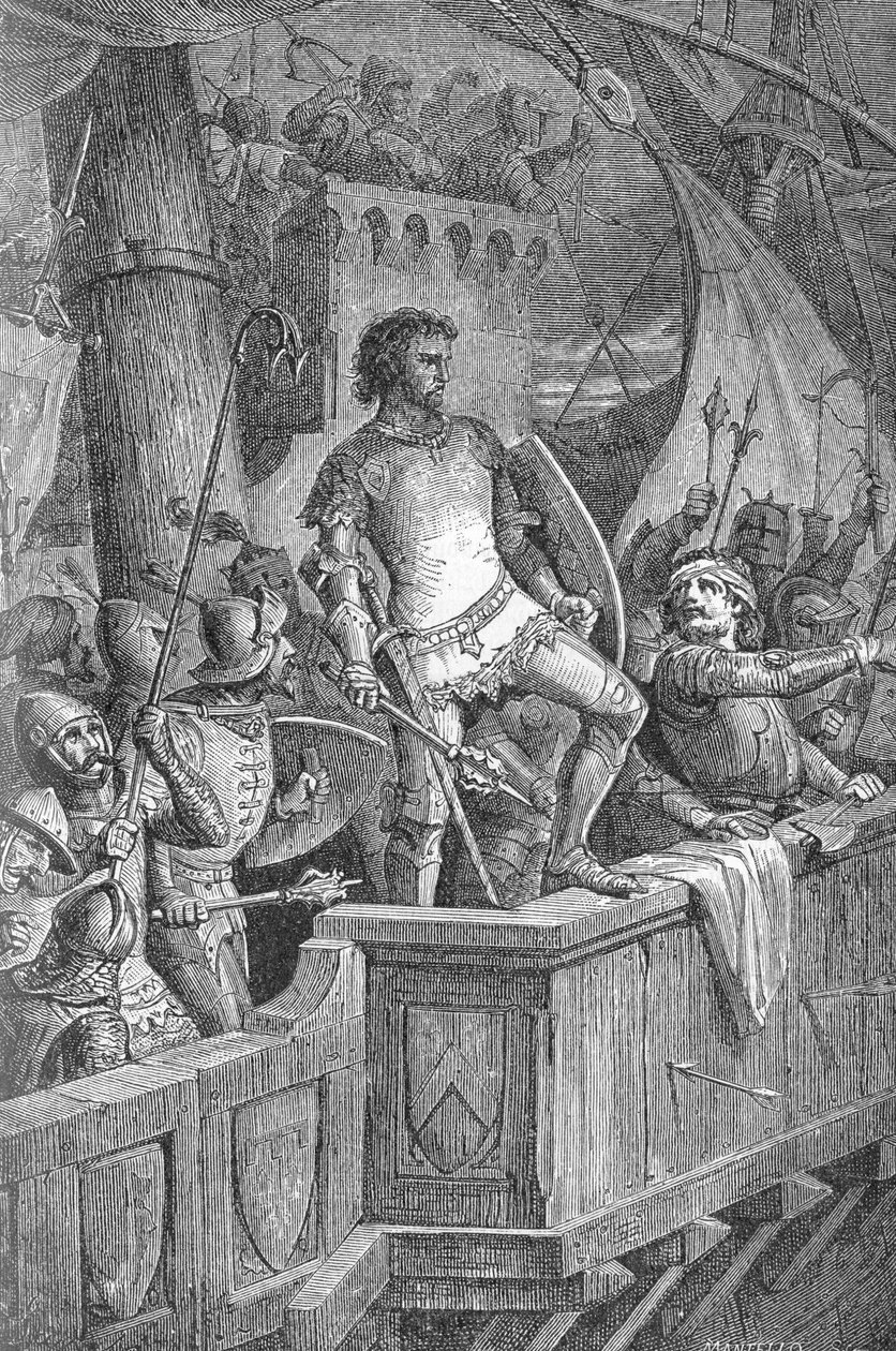 Canuto il Grande (Canuto I) (994 o 995-1035) - Gli uomini di Canuto il Grande sul ponte di Londra, sotto attacco di Olaf II di Norvegia - Incisione in "Kaiser, König und Papst" di Richard Roth da Unknown artist