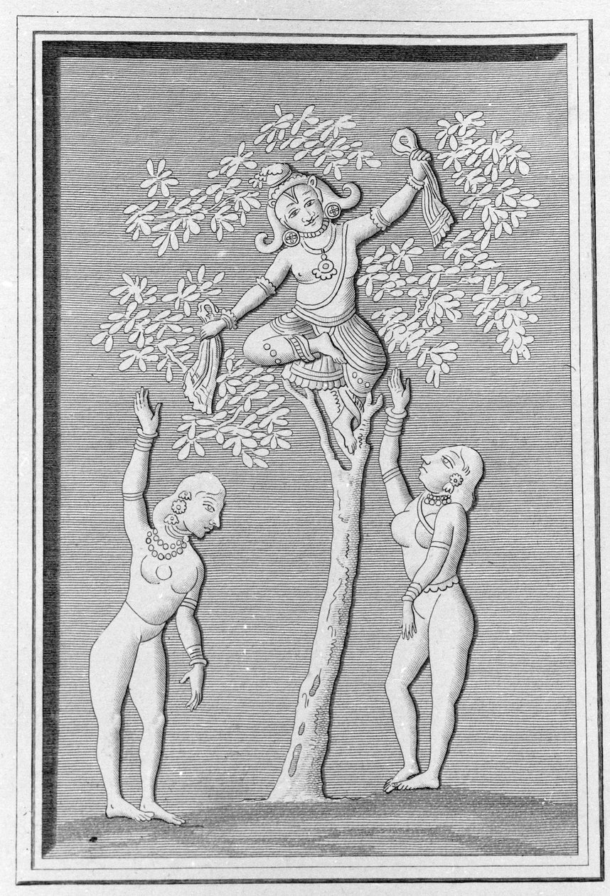 Krishna che vola con due gopi. Incisione in “Monumenti Antichi e Moderni dell