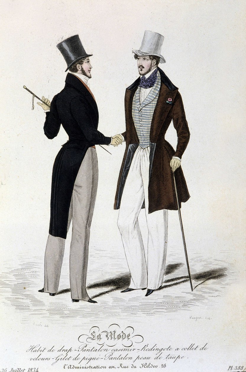 La Moda del 26 luglio 1834: (moda maschile) abito a foglio - pantaloni casimir - Redingote con colletto di velluto - gilet di piqué - pantaloni in pelle di talpa e cilindro da Unknown artist