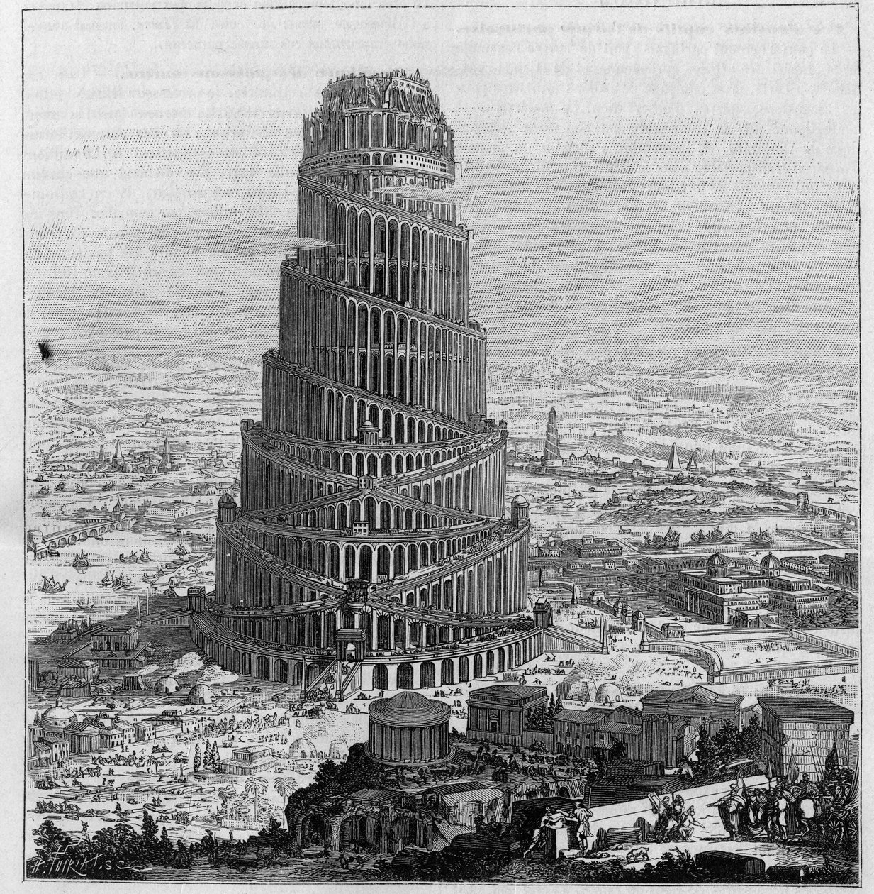 La Torre di Babele, secondo il Padre Kircher - (Incisione ridotta di "Turris Babel") da Unknown artist