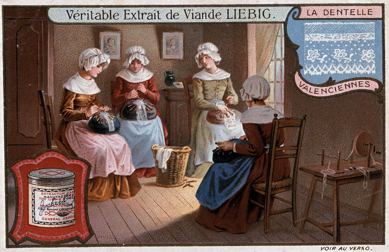 Laboratorio di merletti, Valenciennes, pubblicità Liebig ca. 1895 da Unknown artist