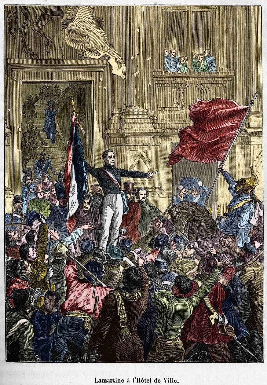 Lamartine (1790 - 1869), rifiutando la bandiera rossa per la bandiera tricolore, al Municipio. Parigi, 26 febbraio 1848. Collezione Bianchetti. da Unknown artist