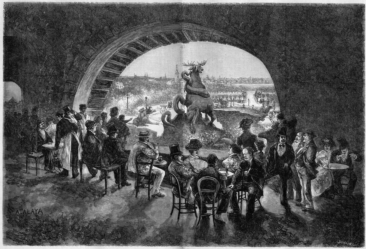 Sotto la cascata del giardino del Trocadero durante il grande caldo a Parigi dove i parigini vengono a sedersi al fresco. Incisione in "Le Monde Illustré" da Unknown artist